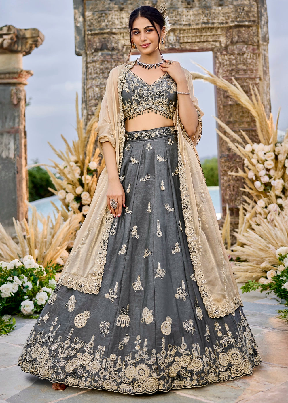 Iron Grey Purple Ready-to-Wear Lehenga in Satin Silk with Embroidery