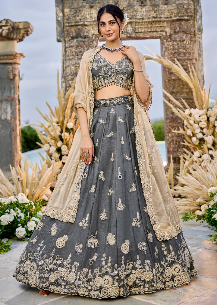 Iron Grey Purple Ready-to-Wear Lehenga in Satin Silk with Embroidery