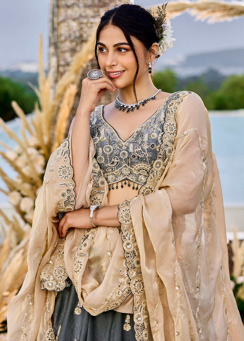 Iron Grey Purple Ready-to-Wear Lehenga in Satin Silk with Embroidery