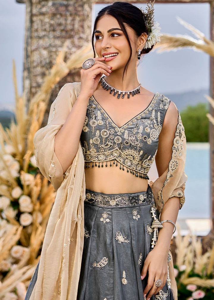 Iron Grey Purple Ready-to-Wear Lehenga in Satin Silk with Embroidery