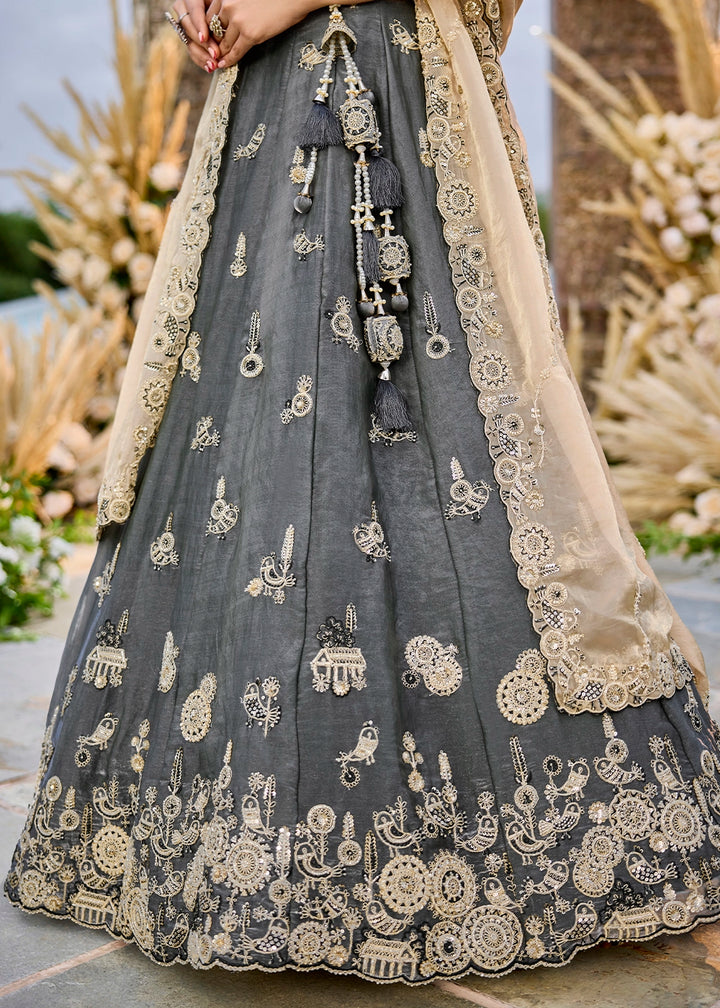 Iron Grey Purple Ready-to-Wear Lehenga in Satin Silk with Embroidery