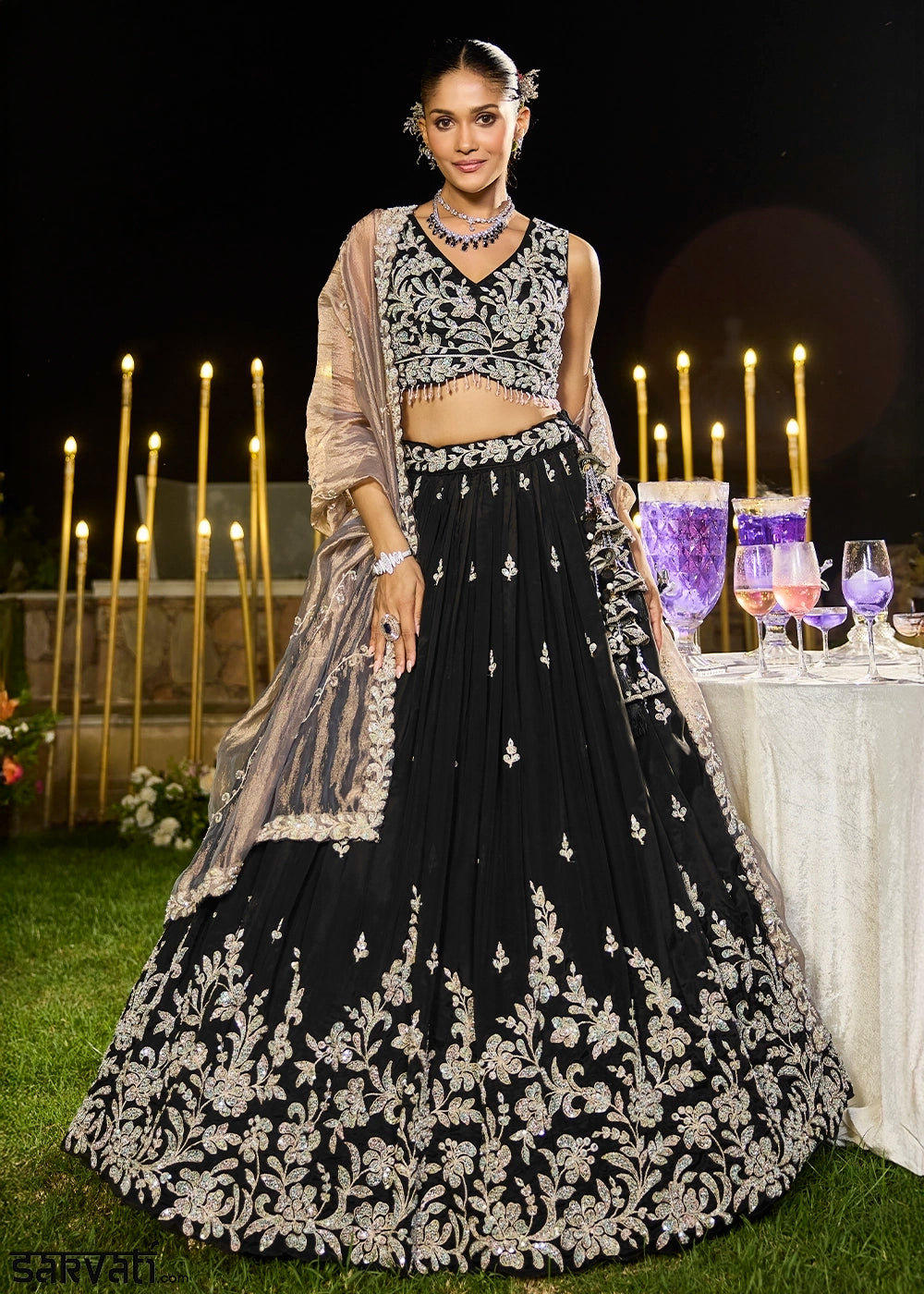 Midnight Black Ready-to-Wear Lehenga in Satin Silk with Embroidery