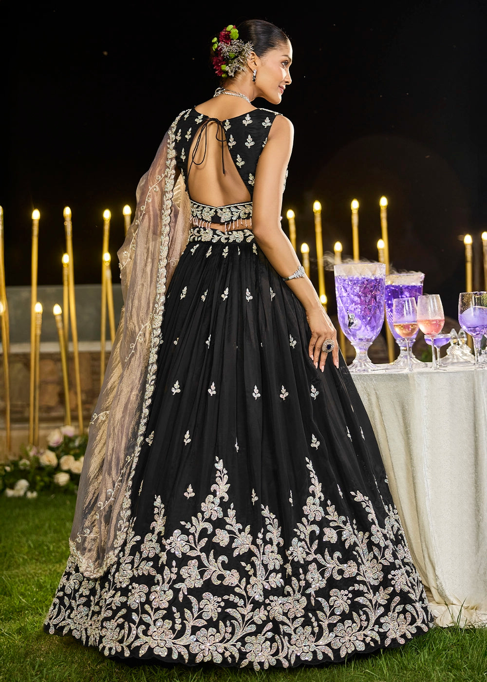 Midnight Black Ready-to-Wear Lehenga in Satin Silk with Embroidery