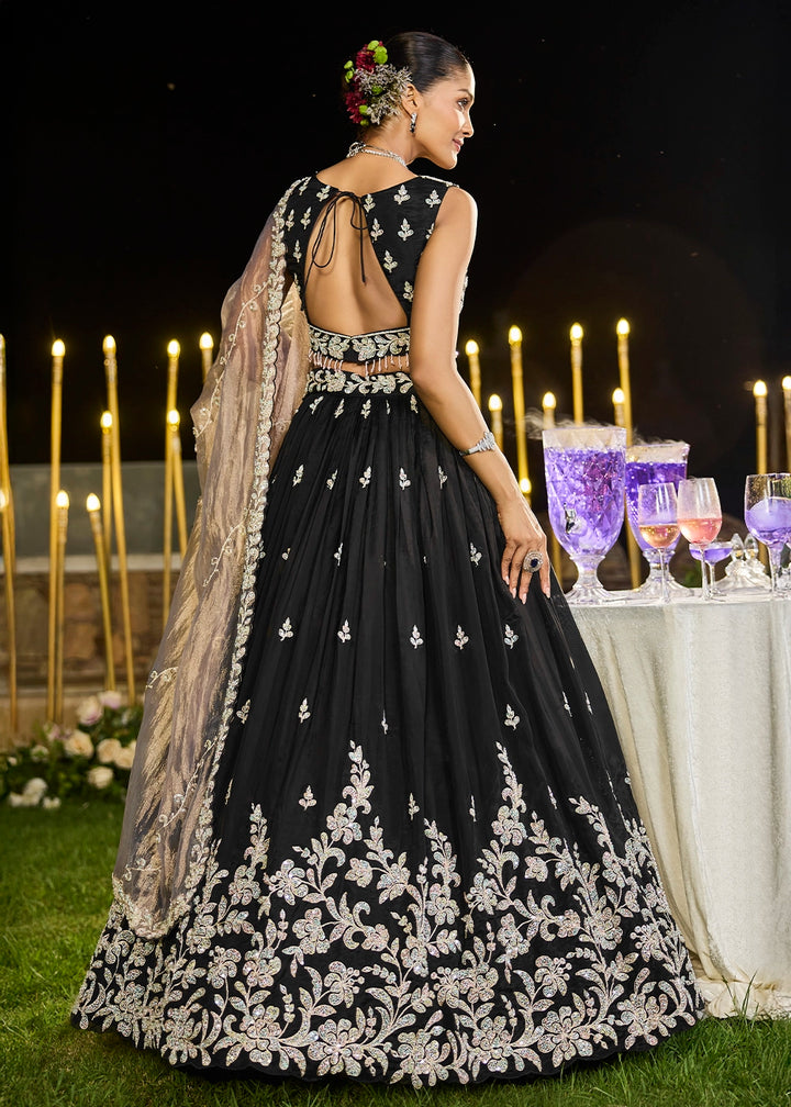 Midnight Black Ready-to-Wear Lehenga in Satin Silk with Embroidery