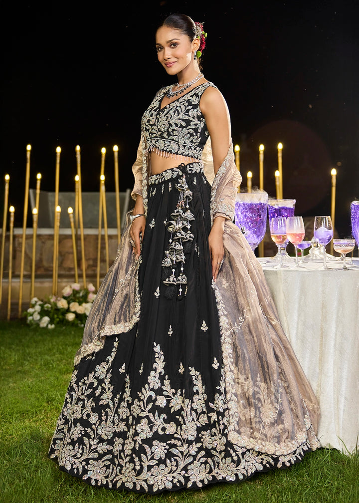 Midnight Black Ready-to-Wear Lehenga in Satin Silk with Embroidery
