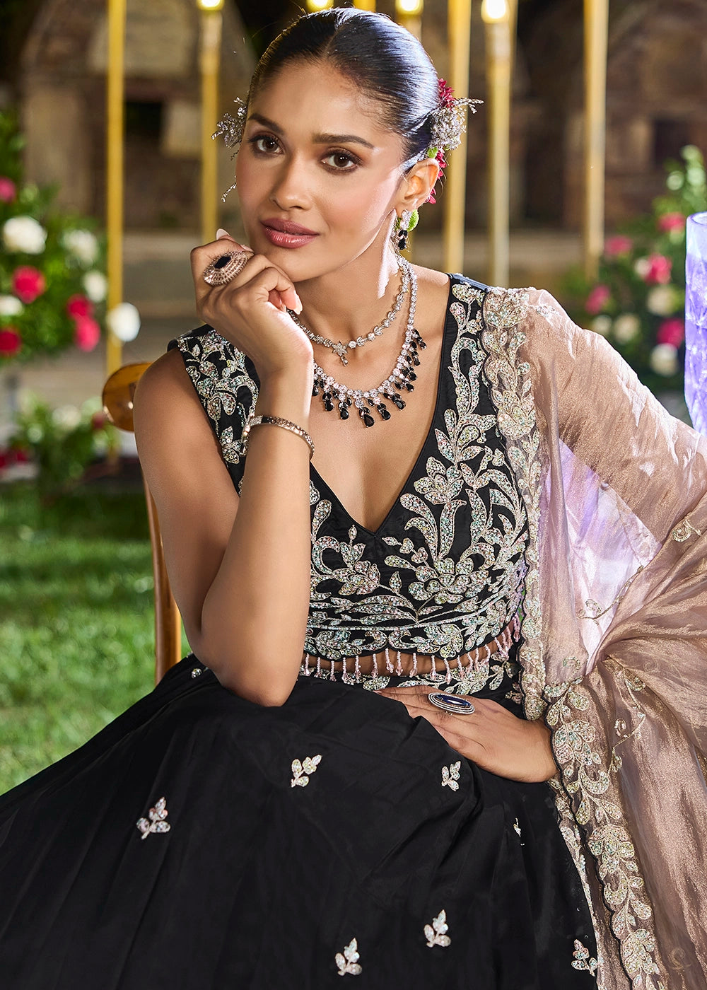 Midnight Black Ready-to-Wear Lehenga in Satin Silk with Embroidery