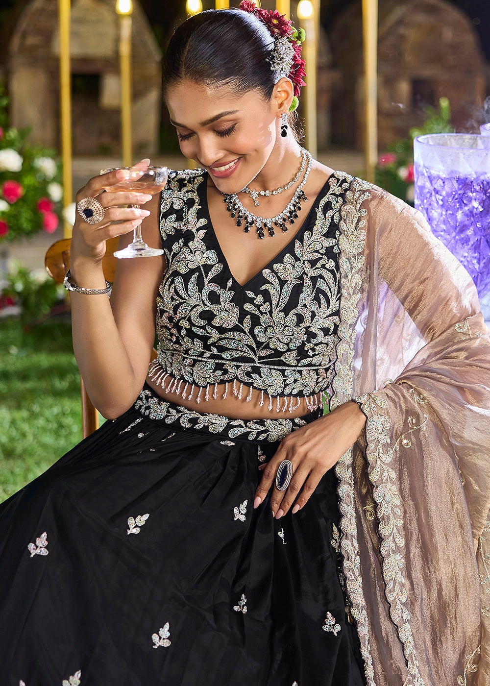 Midnight Black Ready-to-Wear Lehenga in Satin Silk with Embroidery