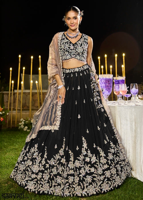Midnight Black Ready-to-Wear Lehenga in Satin Silk with Embroidery