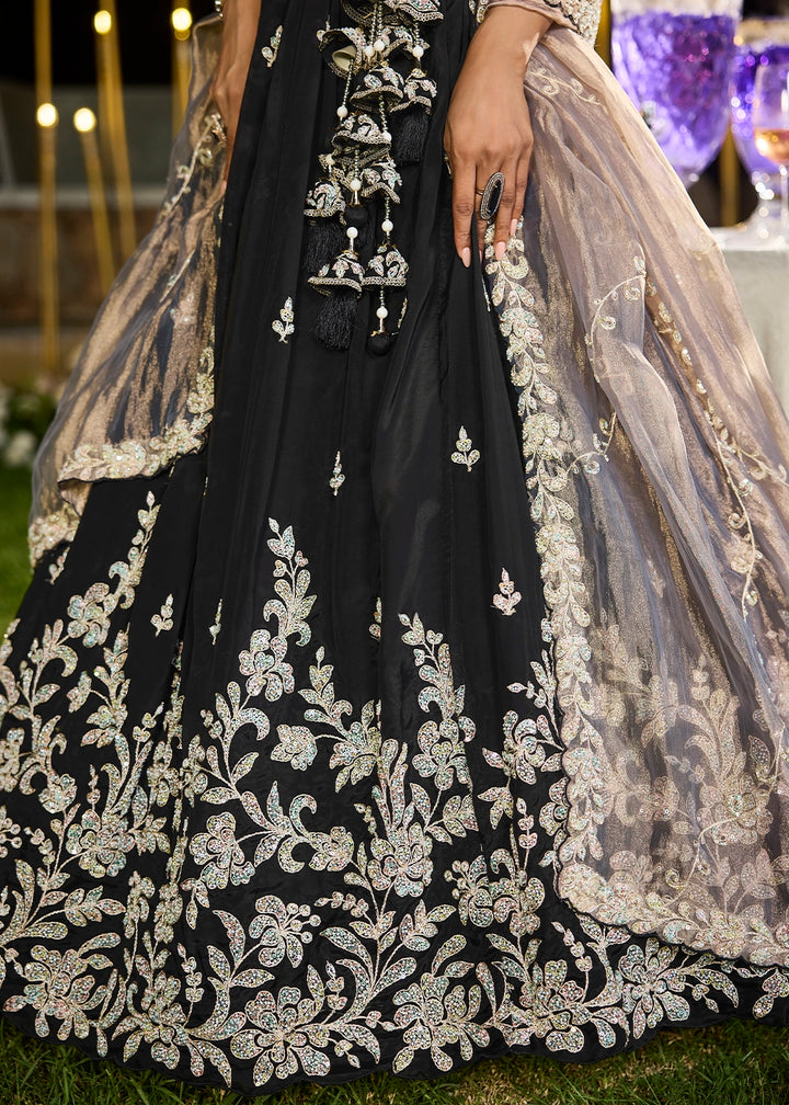 Midnight Black Ready-to-Wear Lehenga in Satin Silk with Embroidery
