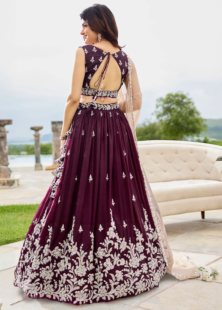 Mulberry Purple Ready-to-Wear Lehenga in Satin Silk with Embroidery