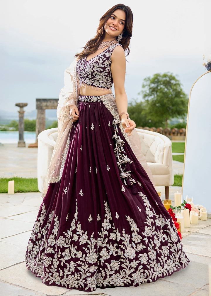 Mulberry Purple Ready-to-Wear Lehenga in Satin Silk with Embroidery