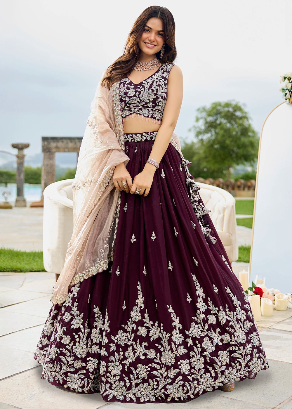 Mulberry Purple Ready-to-Wear Lehenga in Satin Silk with Embroidery