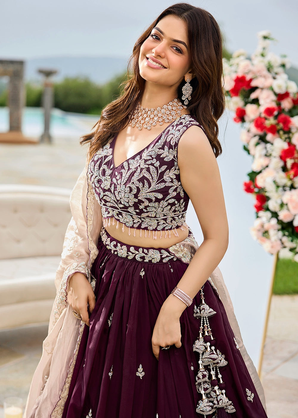 Mulberry Purple Ready-to-Wear Lehenga in Satin Silk with Embroidery
