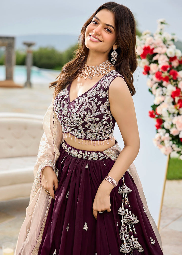 Mulberry Purple Ready-to-Wear Lehenga in Satin Silk with Embroidery
