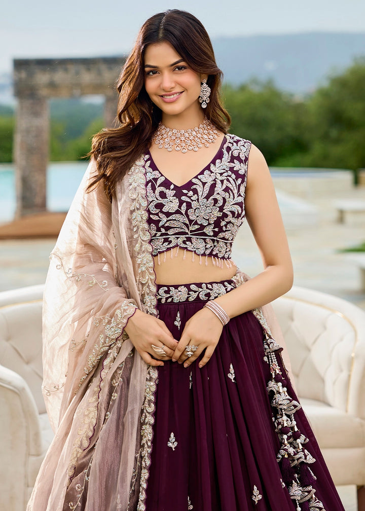 Mulberry Purple Ready-to-Wear Lehenga in Satin Silk with Embroidery