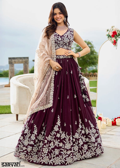 Mulberry Purple Ready-to-Wear Lehenga in Satin Silk with Embroidery