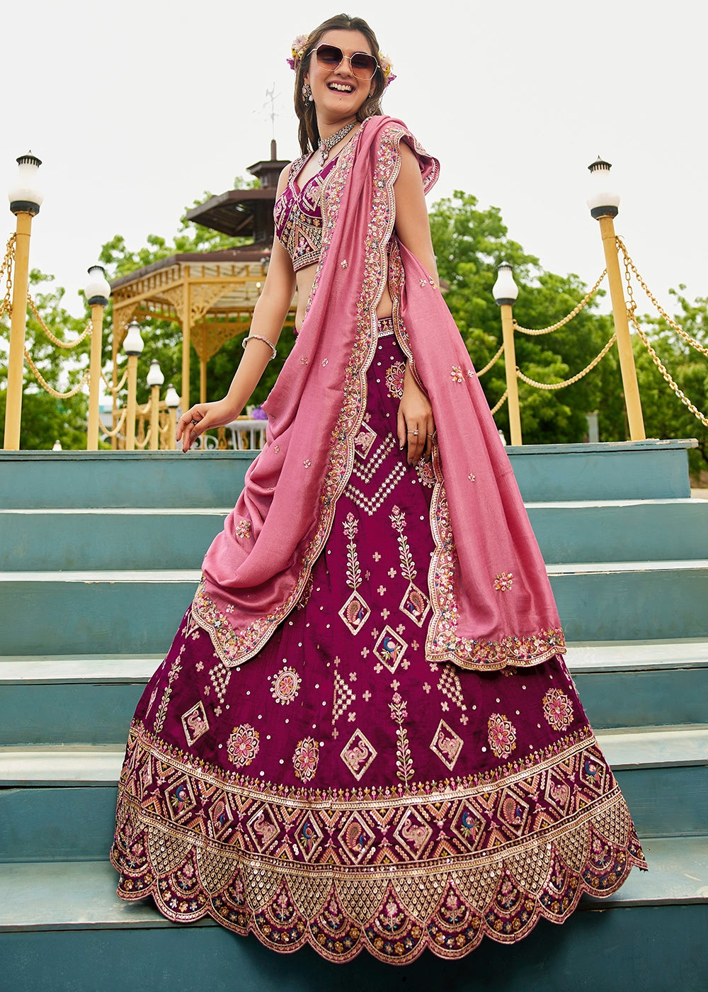 Imperial Purple Lehenga Choli in Georgette with Floral & Sequin Embroidery
