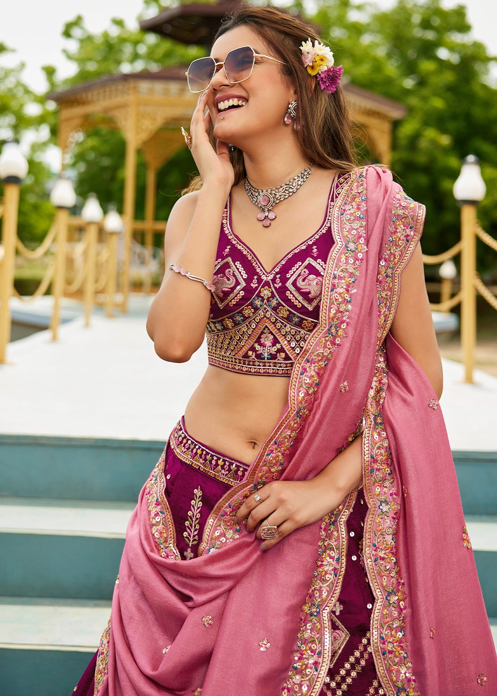 Imperial Purple Lehenga Choli in Georgette with Floral & Sequin Embroidery