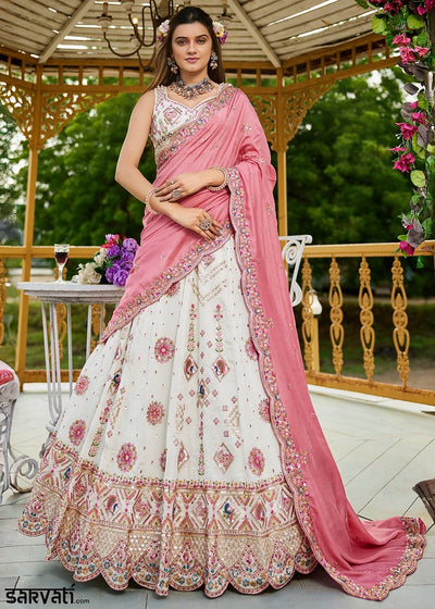 Cream White Lehenga Choli in Georgette with Floral & Sequin Embroidery