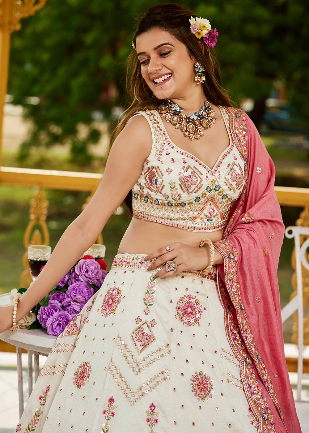 Cream White Lehenga Choli in Georgette with Floral & Sequin Embroidery
