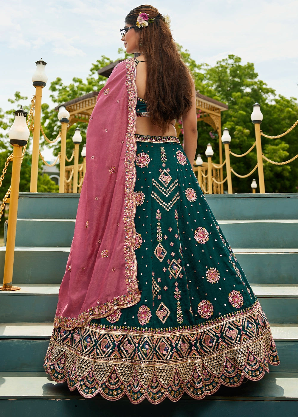 Dark Green Lehenga Choli in Georgette with Floral & Sequin Embroidery
