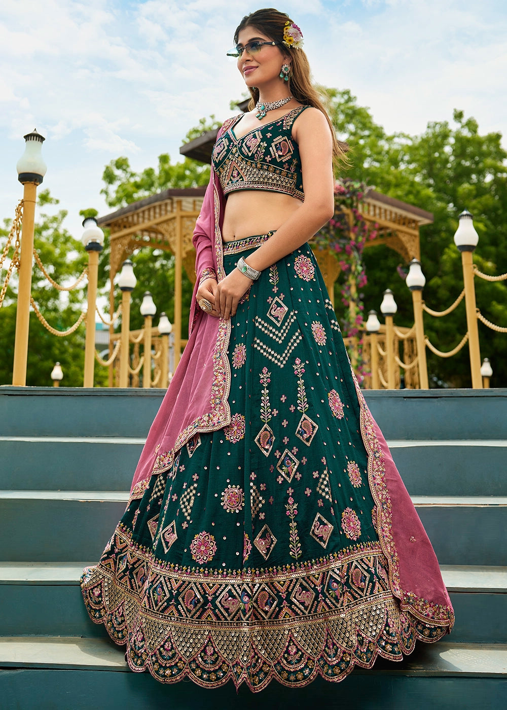 Dark Green Lehenga Choli in Georgette with Floral & Sequin Embroidery