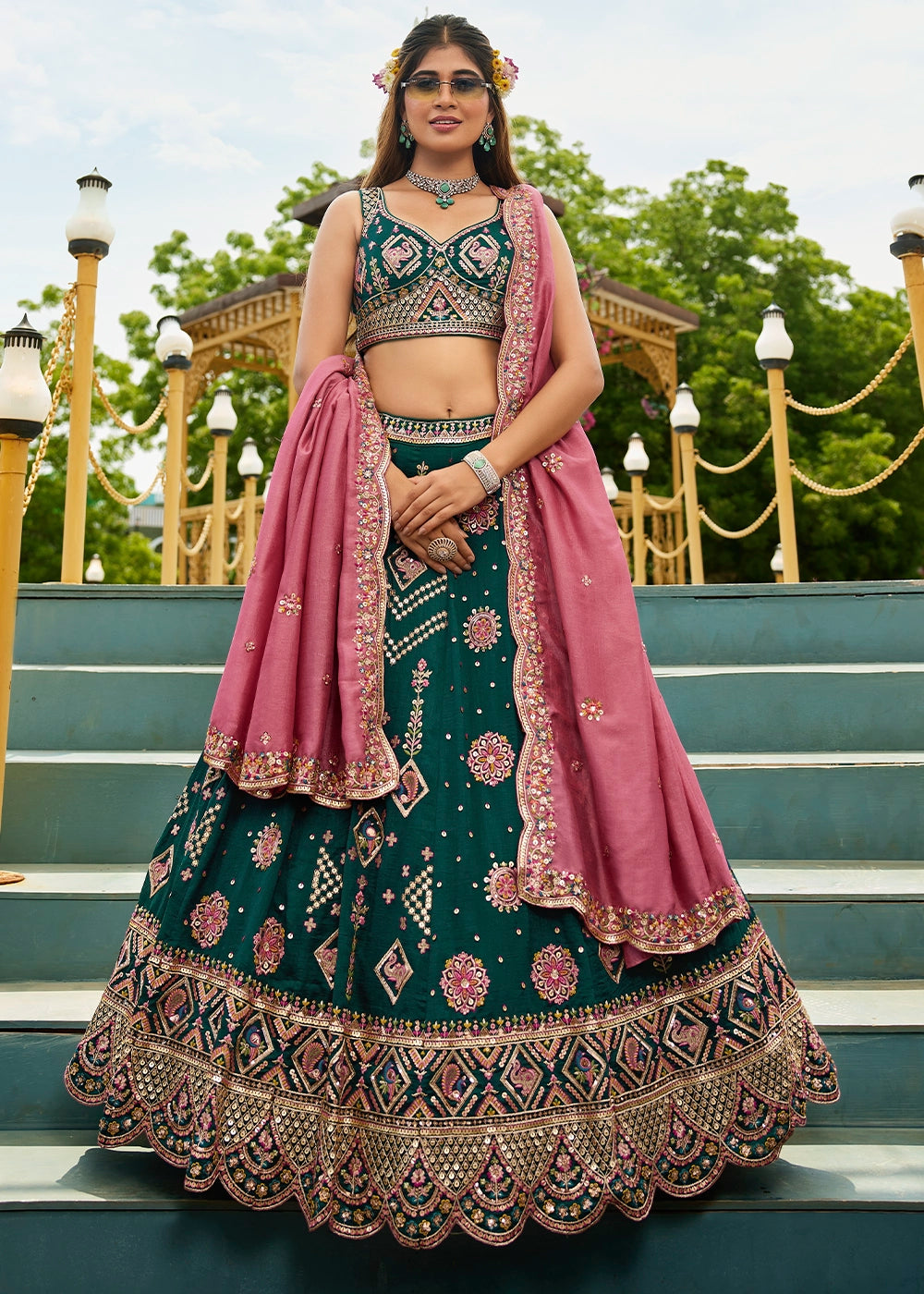 Dark Green Lehenga Choli in Georgette with Floral & Sequin Embroidery