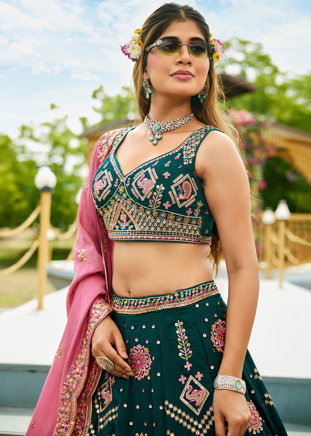 Dark Green Lehenga Choli in Georgette with Floral & Sequin Embroidery