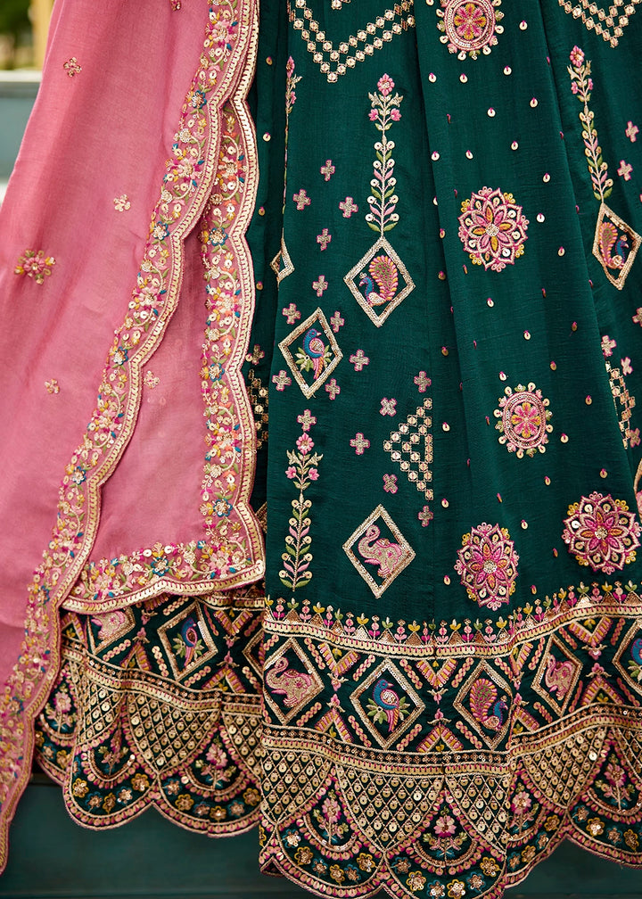 Dark Green Lehenga Choli in Georgette with Floral & Sequin Embroidery