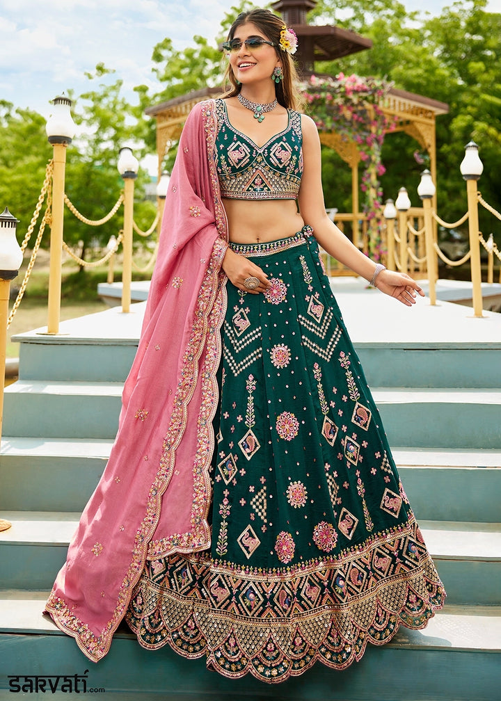 Dark Green Lehenga Choli in Georgette with Floral & Sequin Embroidery