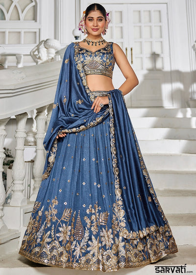 Sapphire Blue Lehenga Choli in Georgette with Floral & Sequin Embroidery