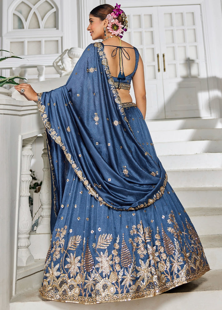 Sapphire Blue Lehenga Choli in Georgette with Floral & Sequin Embroidery