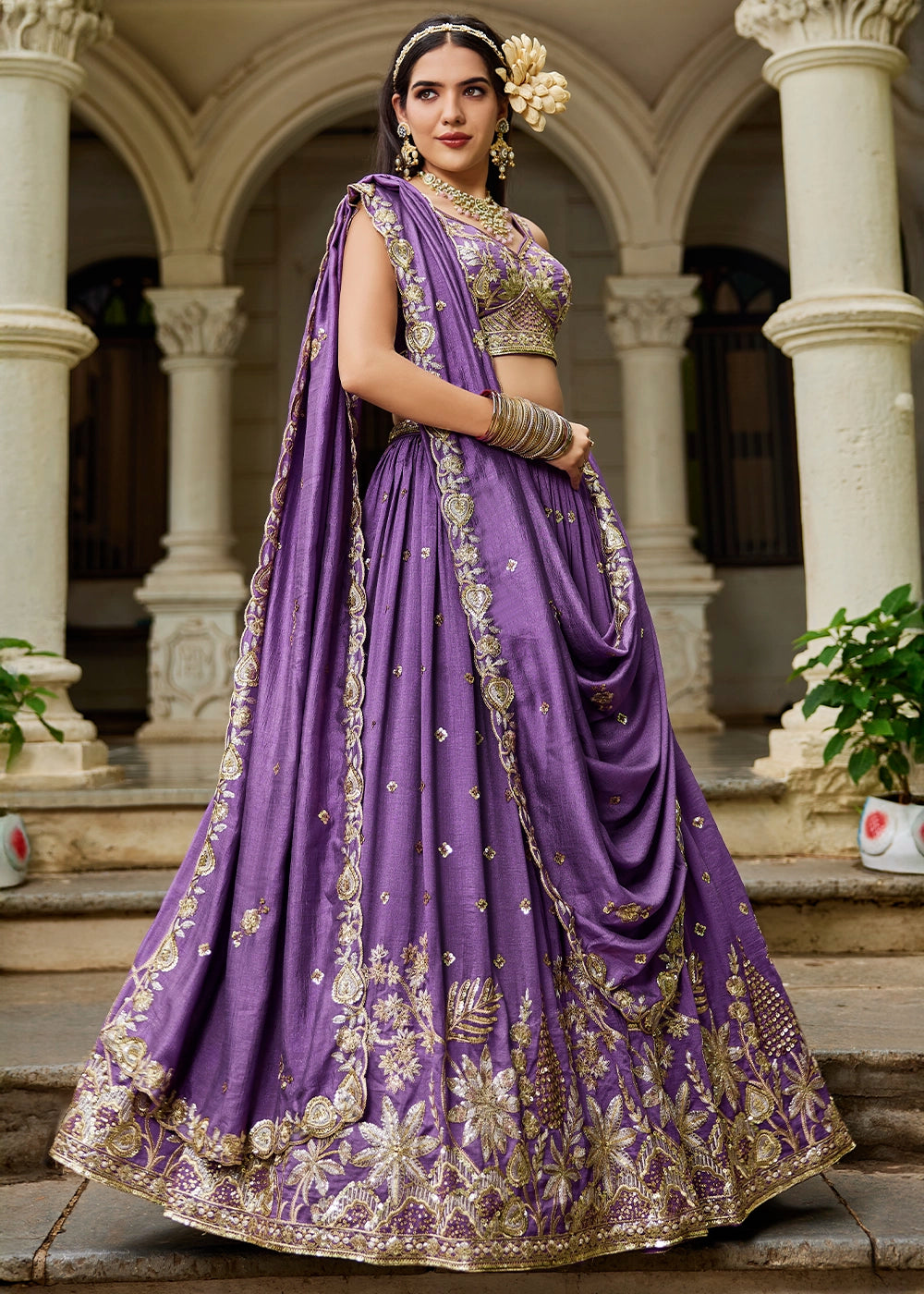 Studio Purple Lehenga Choli in Georgette with Floral & Sequin Embroidery