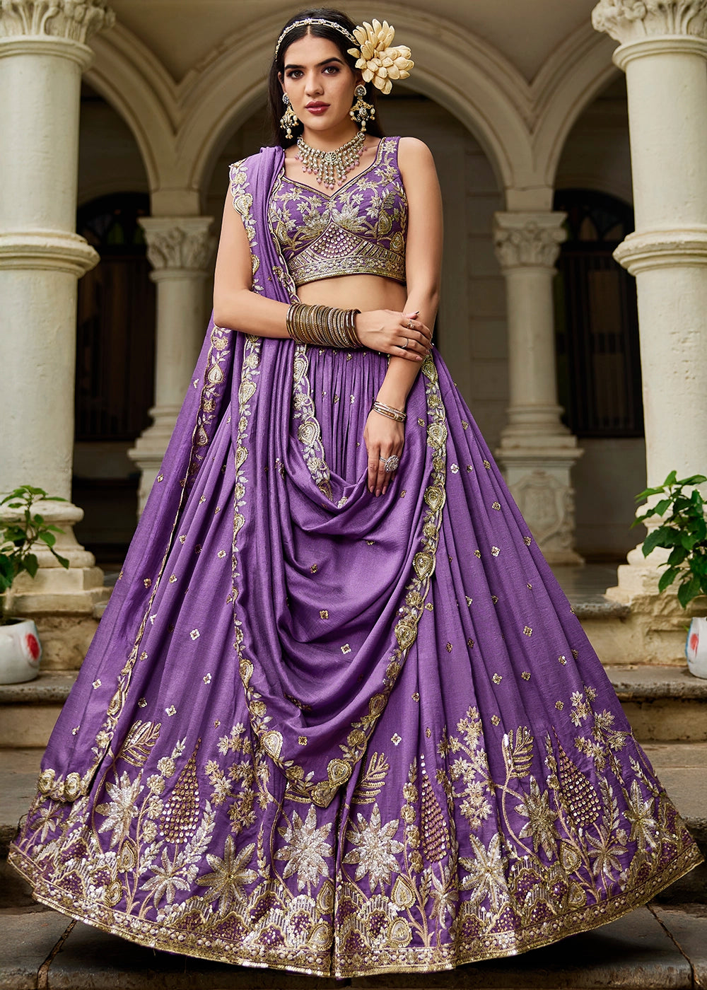 Studio Purple Lehenga Choli in Georgette with Floral & Sequin Embroidery