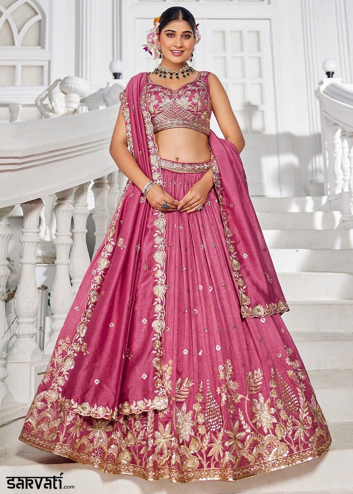 French Rose Pink Lehenga Choli in Georgette with Floral & Sequin Embroidery
