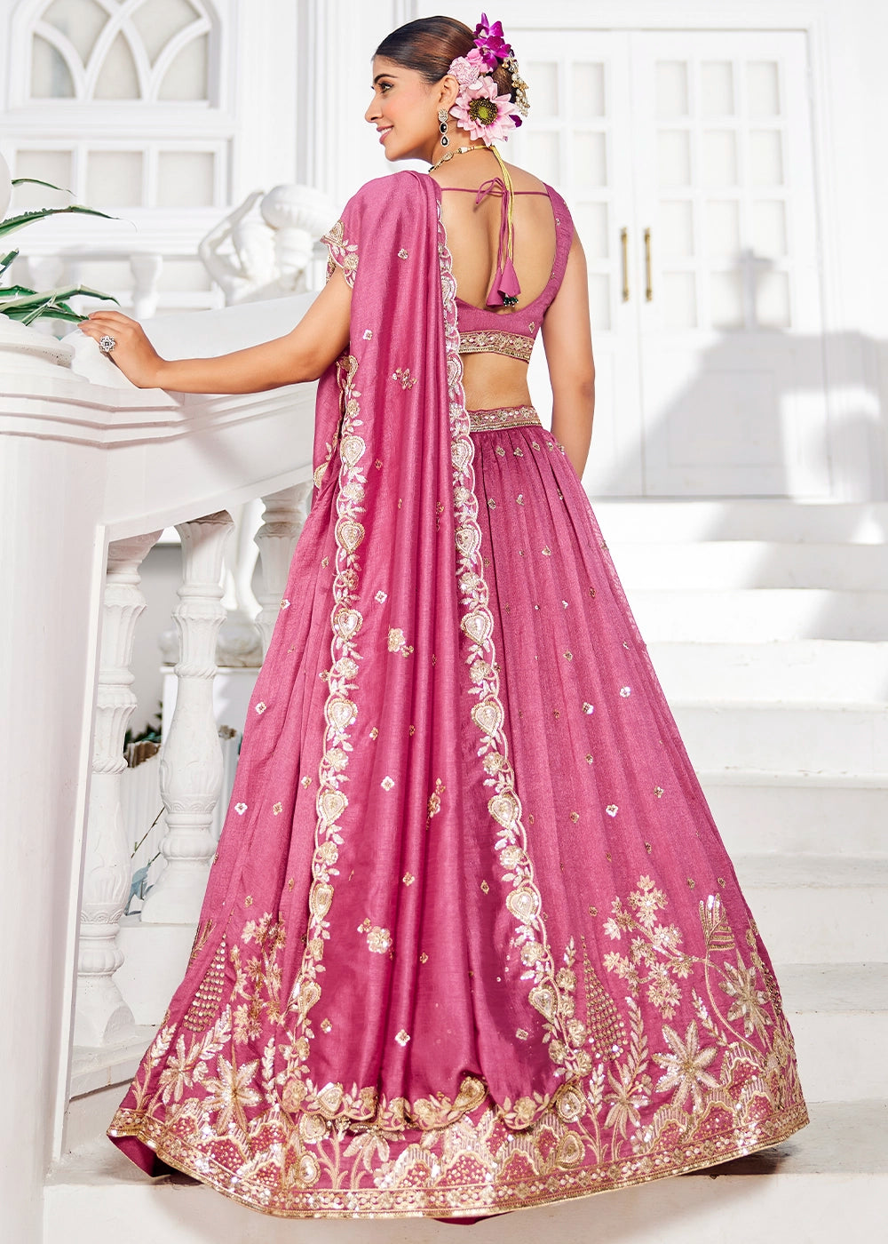 French Rose Pink Lehenga Choli in Georgette with Floral & Sequin Embroidery