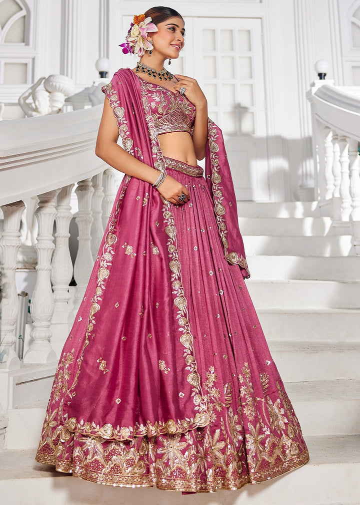 French Rose Pink Lehenga Choli in Georgette with Floral & Sequin Embroidery