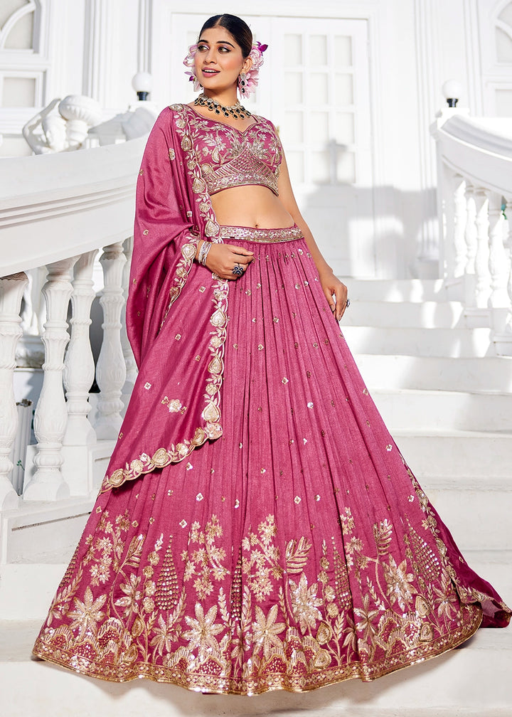 French Rose Pink Lehenga Choli in Georgette with Floral & Sequin Embroidery