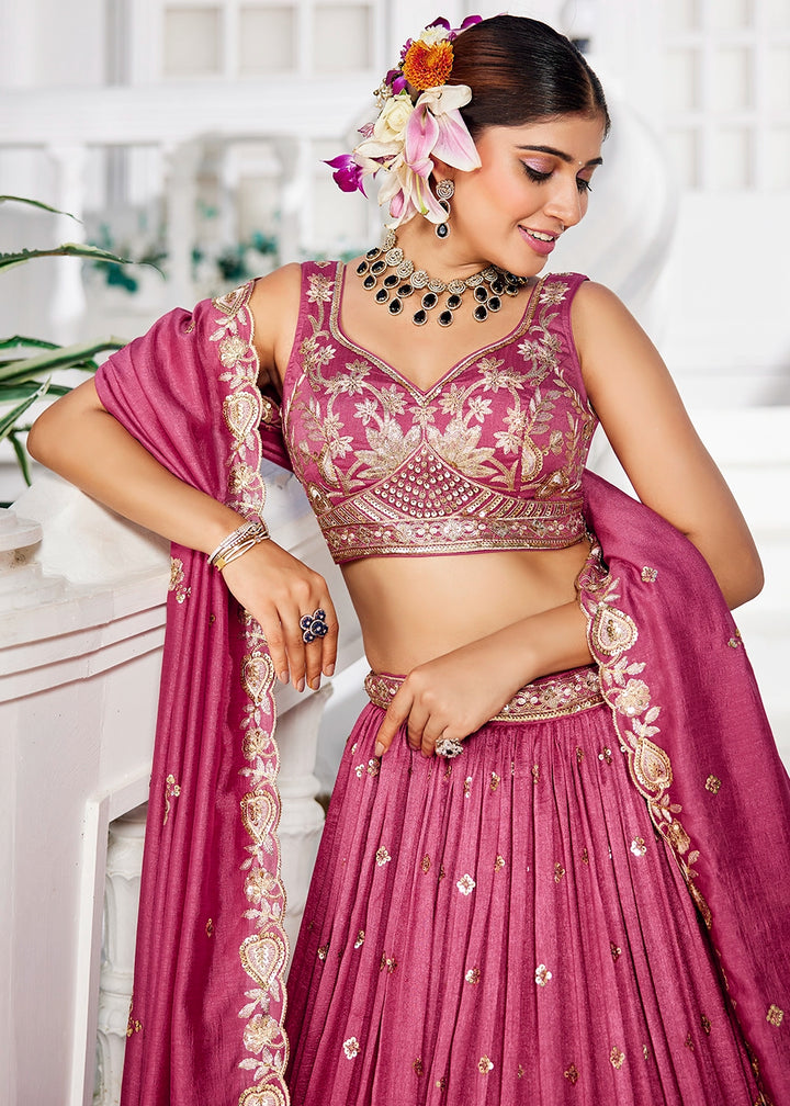 French Rose Pink Lehenga Choli in Georgette with Floral & Sequin Embroidery