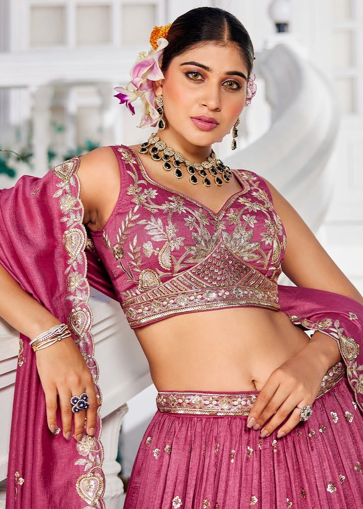French Rose Pink Lehenga Choli in Georgette with Floral & Sequin Embroidery
