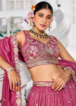 French Rose Pink Lehenga Choli in Georgette with Floral & Sequin Embroidery