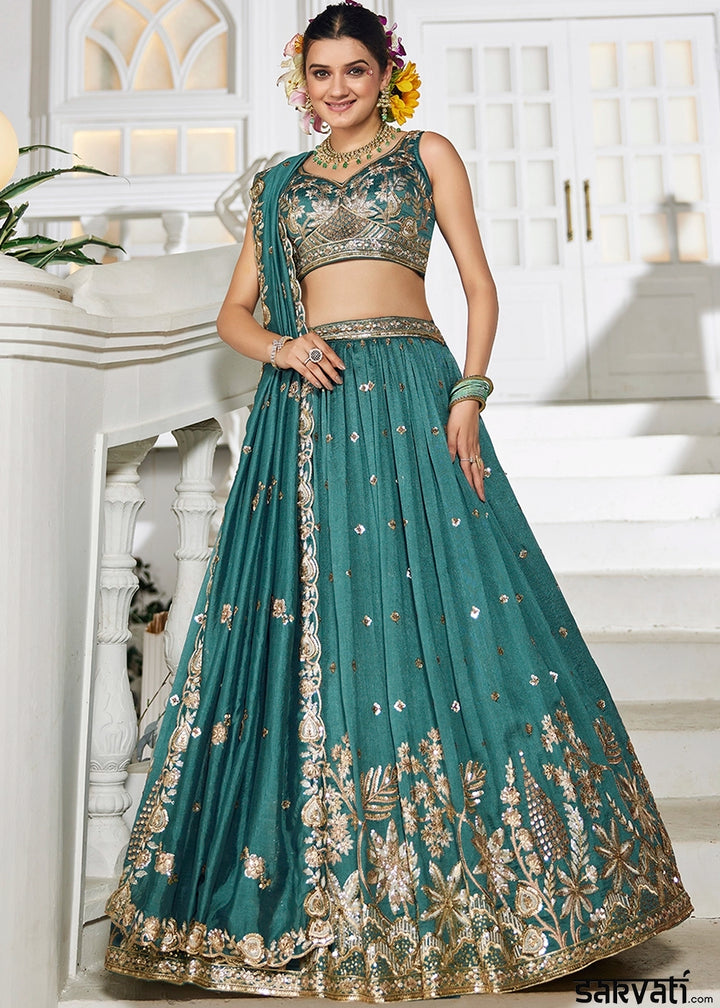 Teal Green Lehenga Choli in Georgette with Floral & Sequin Embroidery