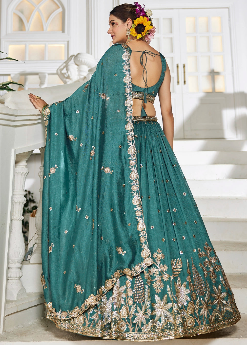 Teal Green Lehenga Choli in Georgette with Floral & Sequin Embroidery