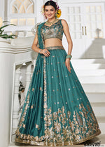Teal Green Lehenga Choli in Georgette with Floral & Sequin Embroidery