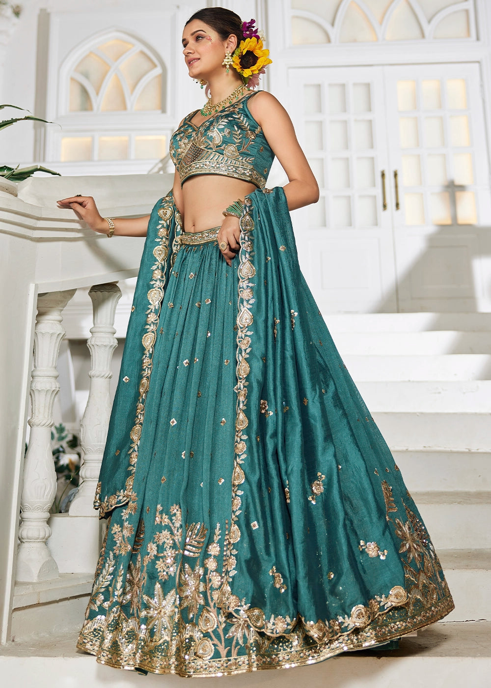 Teal Green Lehenga Choli in Georgette with Floral & Sequin Embroidery
