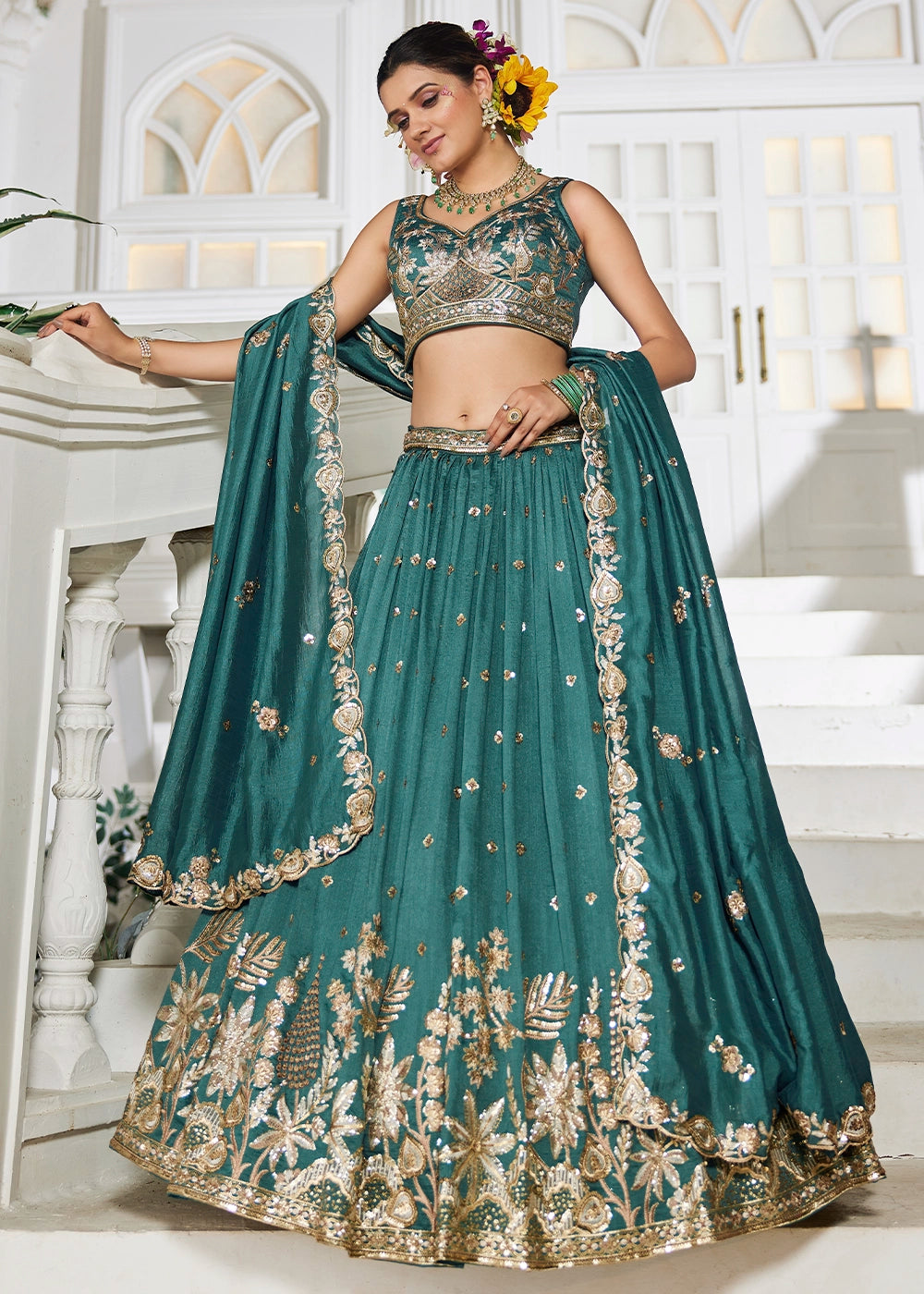 Teal Green Lehenga Choli in Georgette with Floral & Sequin Embroidery