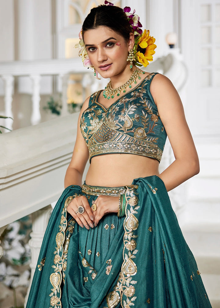 Teal Green Lehenga Choli in Georgette with Floral & Sequin Embroidery