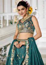 Teal Green Lehenga Choli in Georgette with Floral & Sequin Embroidery