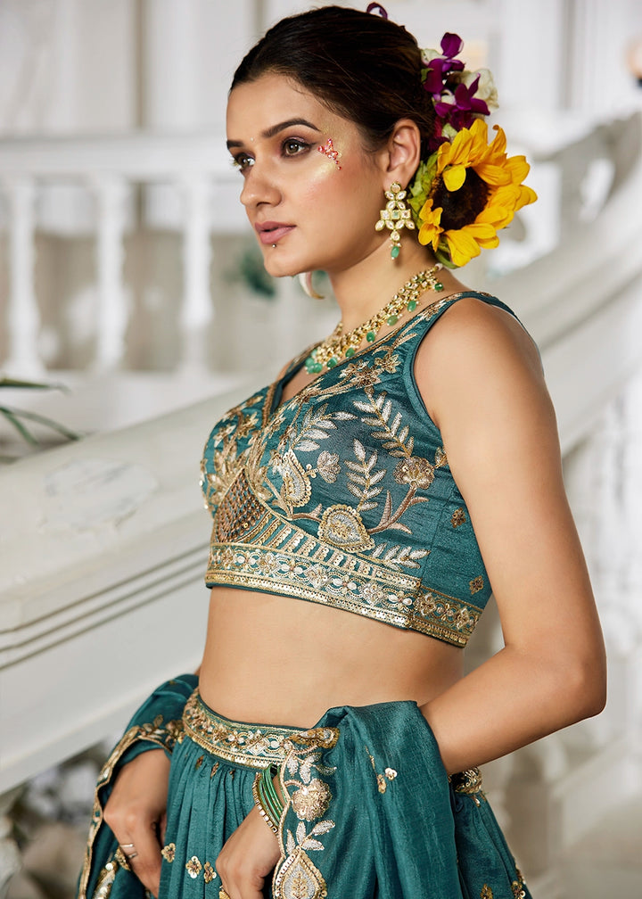 Teal Green Lehenga Choli in Georgette with Floral & Sequin Embroidery