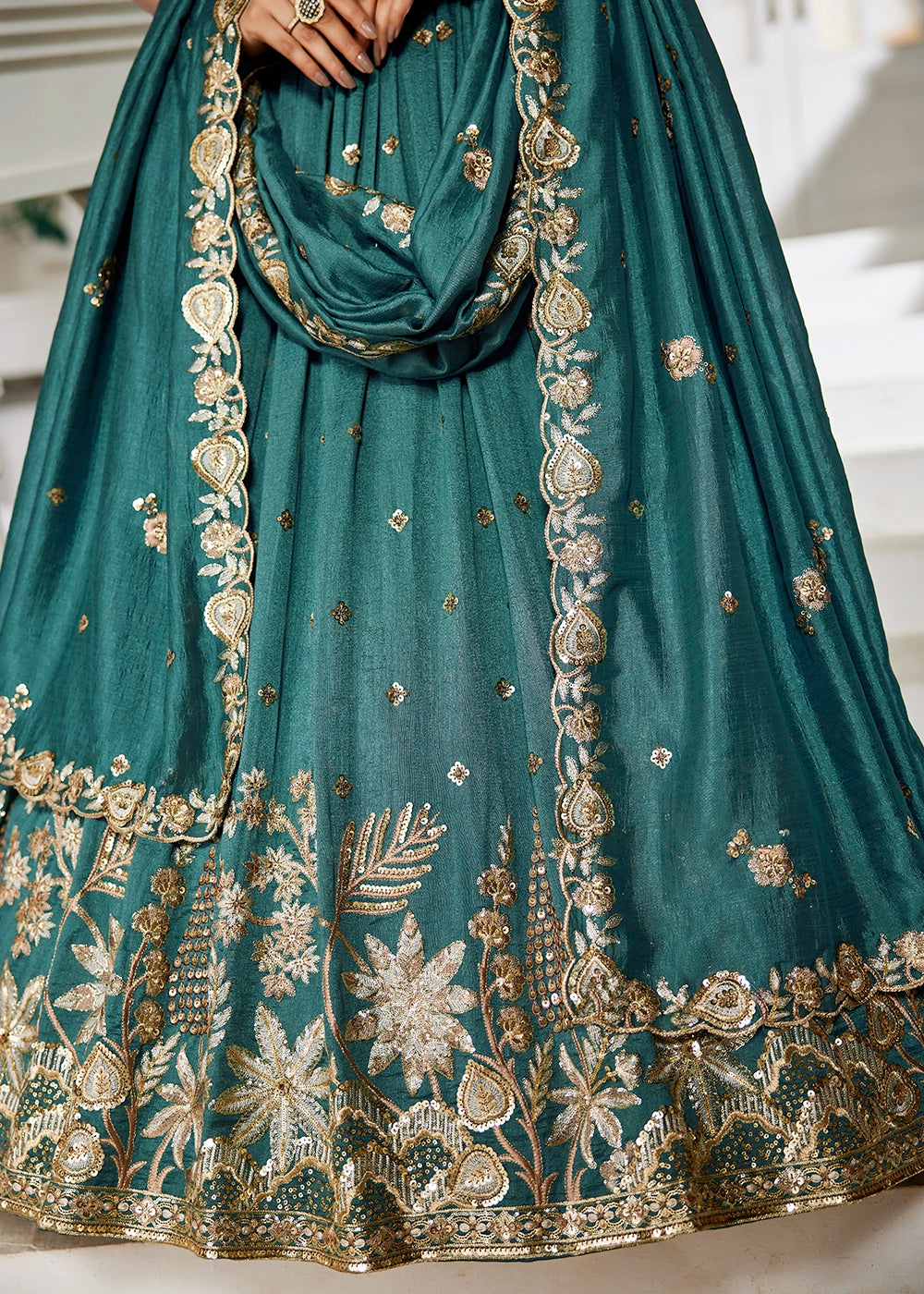 Teal Green Lehenga Choli in Georgette with Floral & Sequin Embroidery